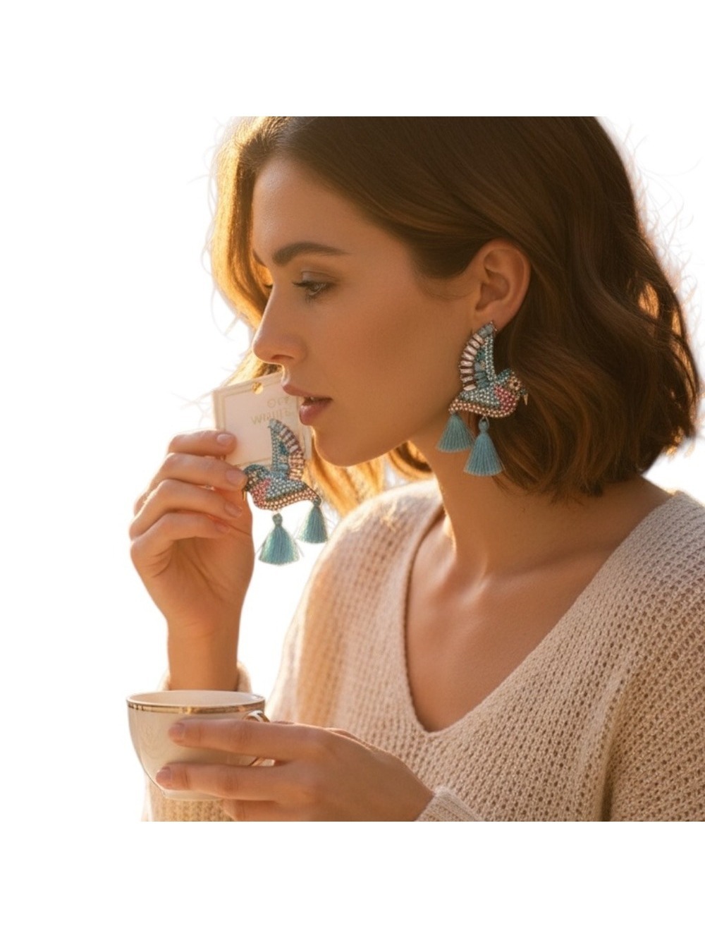 Off White Bird Earrings Rhinestone Tassel Dangling Blue Pink Gold Tone